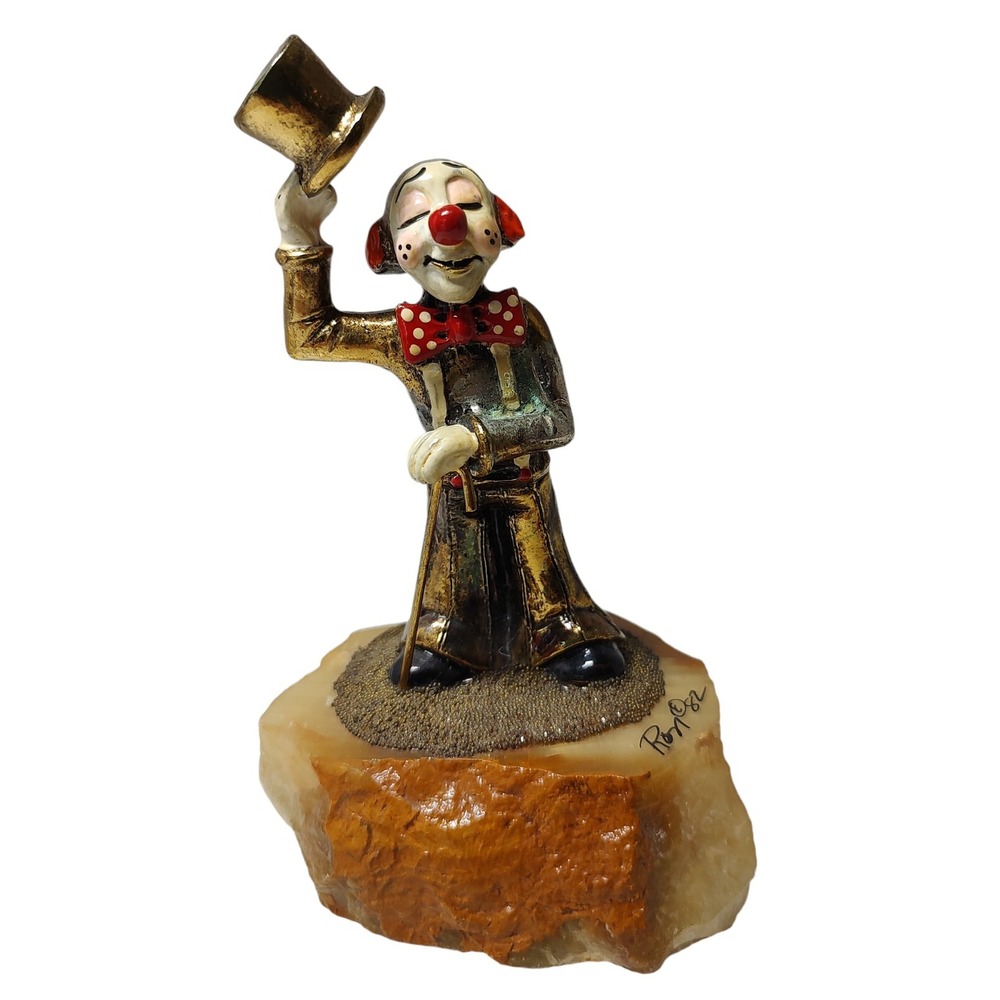 Ron Lee Signed Bronze Figurine Clown Top Hat Cane 24K Gold Paint Onyx‎ Base 1982
